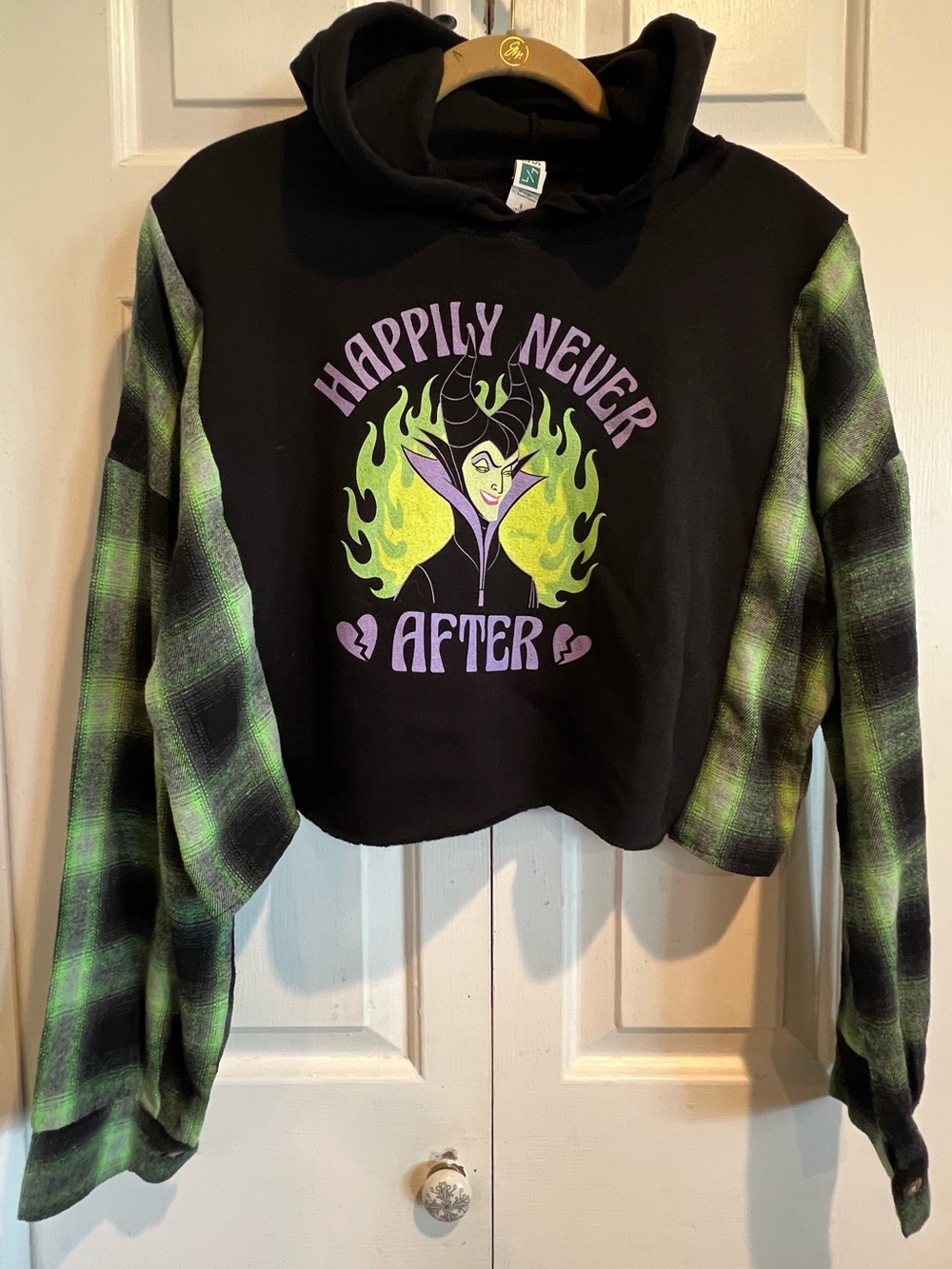 💚UPCYCLED💚Cropped Hoodie, Maleficent Graphic & Green Plaid Sleeves